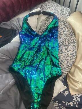 iHeartRaves Mermaid Blue and Green Iridescent Sequin Deep V-Neck Halter Bodysuit